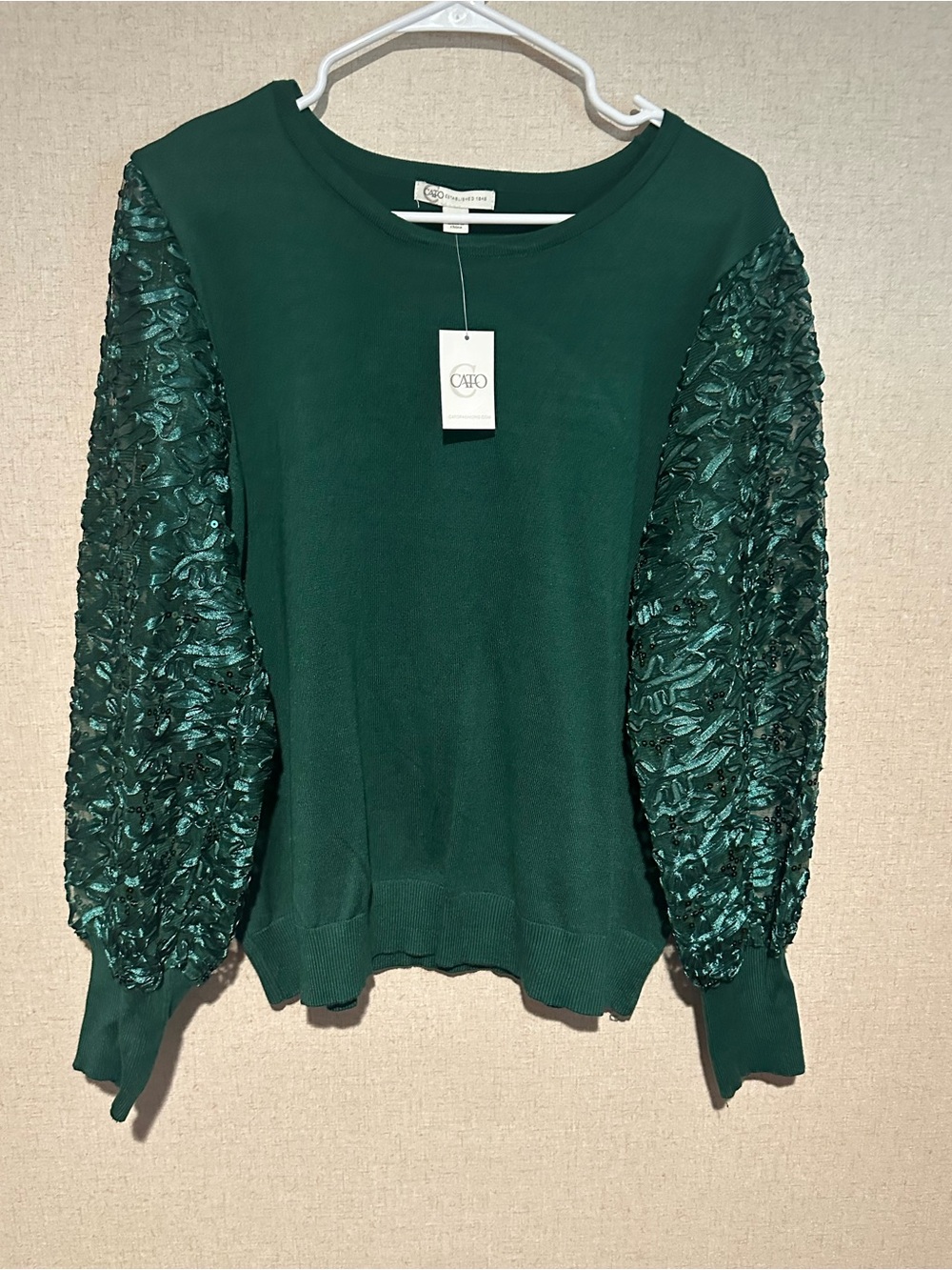 Cato Size 18/20 Emerald Green Sequined Texture Puff-Sleeve Knit Sweater Holidays